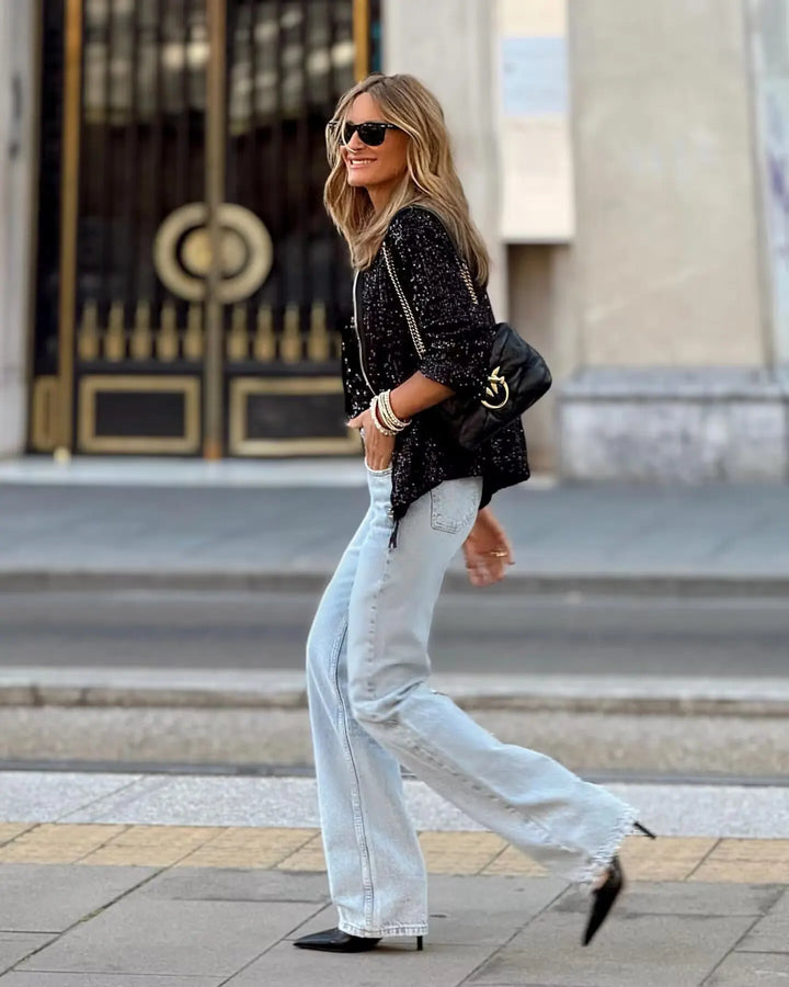 Silver sequin blazer for women. Dazzling party wear & evening top. Trendy for spring events.
