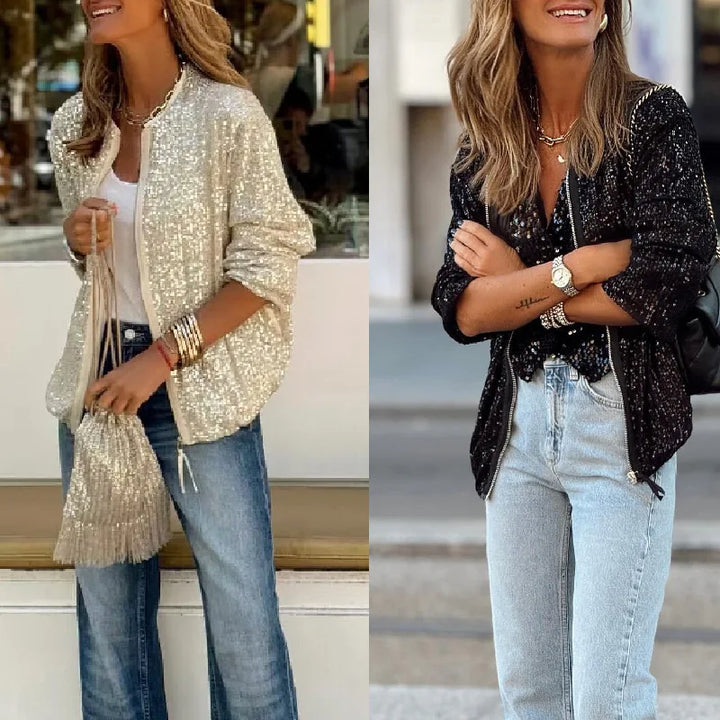 Women's statement sequin blazer. Perfect dazzling top for spring fashion & trendy evening parties.