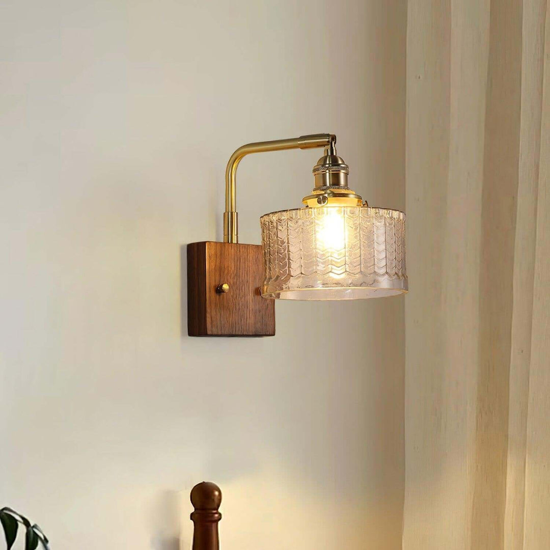 Rustic Green Glass Wall Light with Wooden Base