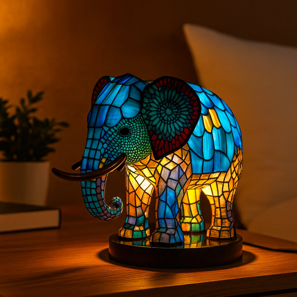 Decorative animal stained glass effect table lamp. Unique resin LED accent light for home decor.