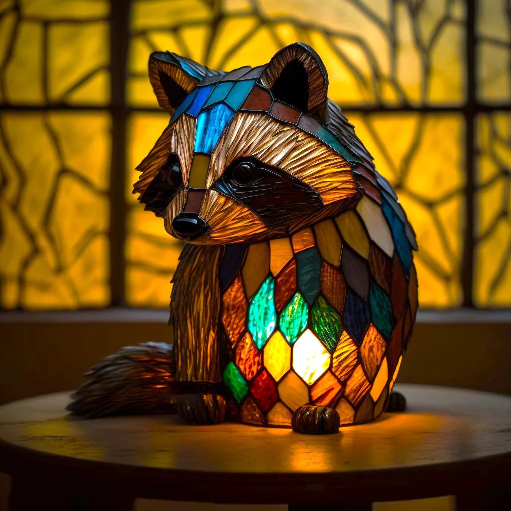 Stained glass effect animal nightlight. LED table lamp provides soft accent lighting for bedroom.