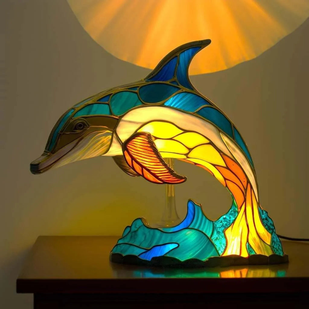 Charming animal stained glass desk lamp. Unique LED resin light, perfect decorative accent for office.