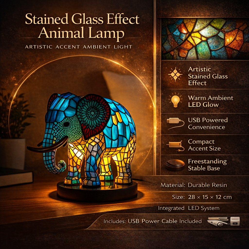 Stained glass effect animal desk lamp. Unique resin LED nightlight, great gift for home decor.