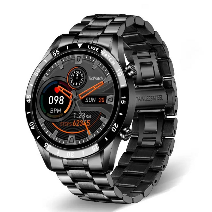 Close-up of smart watch face, highlighting crisp digital display & customizable watch faces.