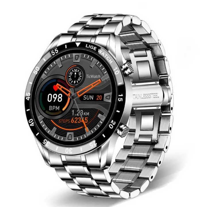 Deluxe smartwatch worn on a wrist, showcasing its comfortable fit and modern, elegant design.