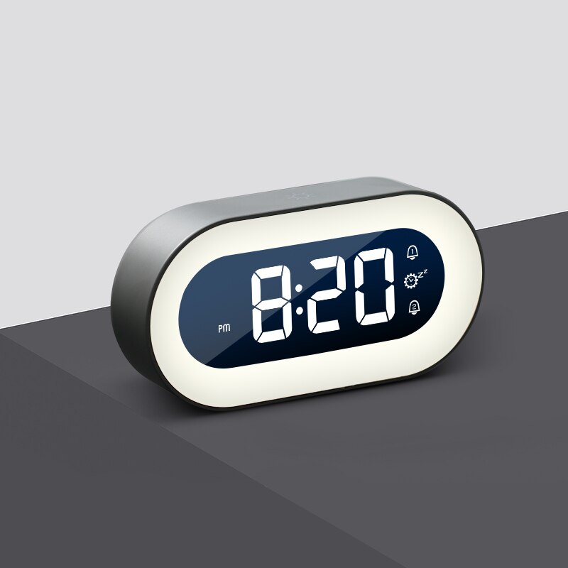 Multi-functional digital clock for bedroom, featuring LED time, alarm, and dimmable night light.
