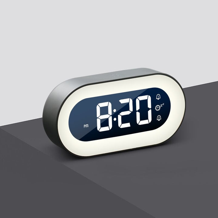 Multi-functional digital clock for bedroom, featuring LED time, alarm, and dimmable night light.