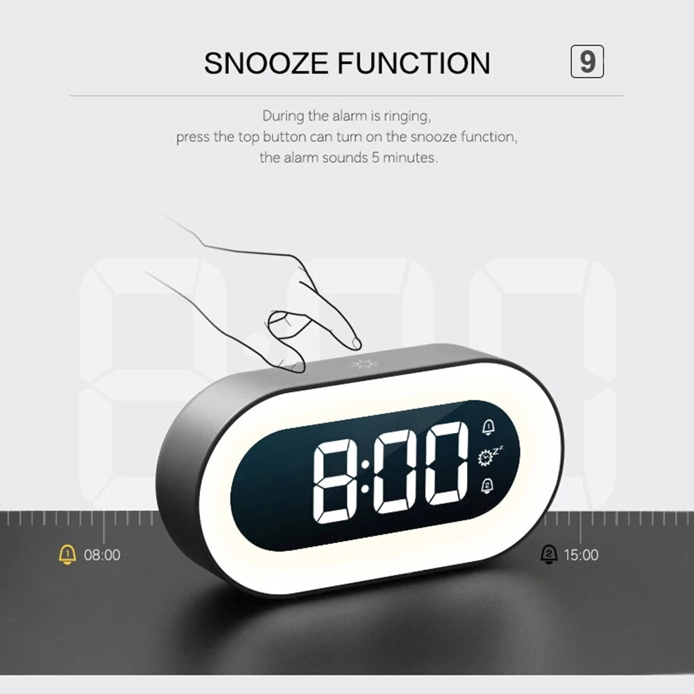 Portable digital clock with LED display, alarm, and a built-in dimmable night light for travel.