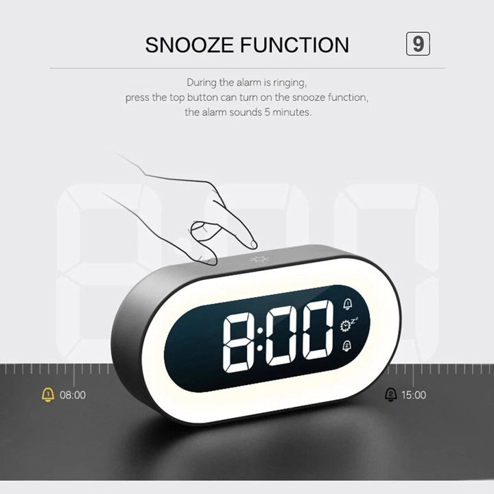 Portable digital clock with LED display, alarm, and a built-in dimmable night light for travel.