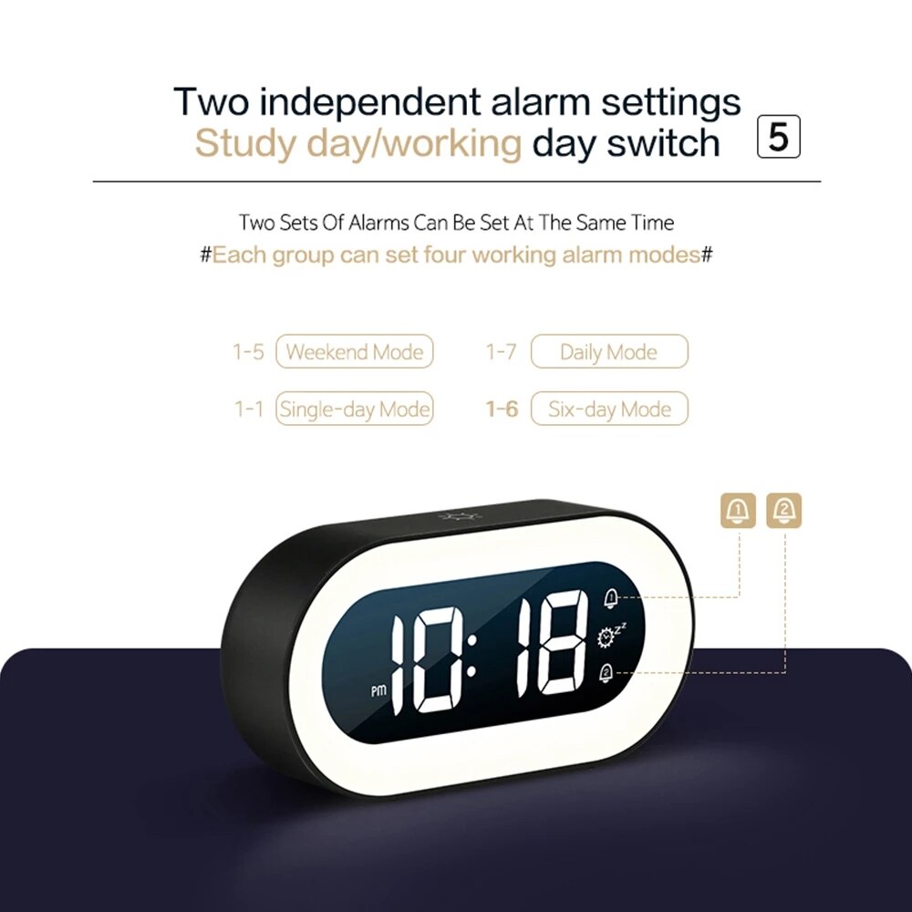 Modern design desk clock, LED digital time display, and an integrated dimmable night light.