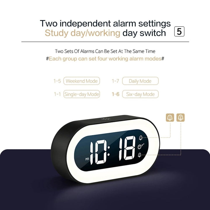 Modern design desk clock, LED digital time display, and an integrated dimmable night light.
