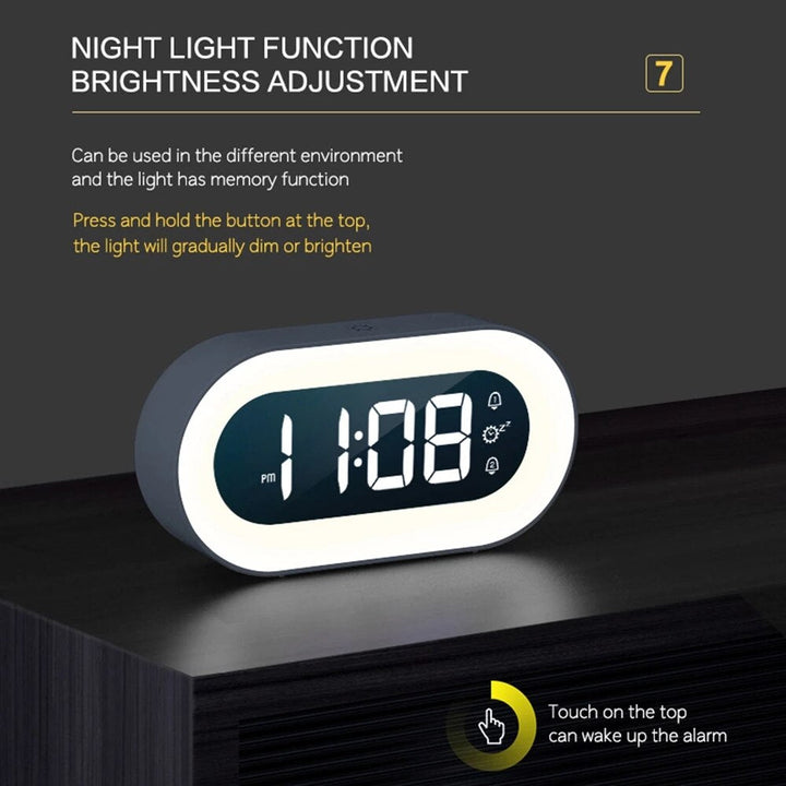 Stylish digital alarm clock with bright LED numbers & a comforting dimmable night light for bedrooms.