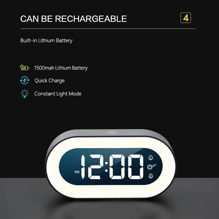 LED bedside clock with alarm function, large digital display, and a customizable dimmable night light.