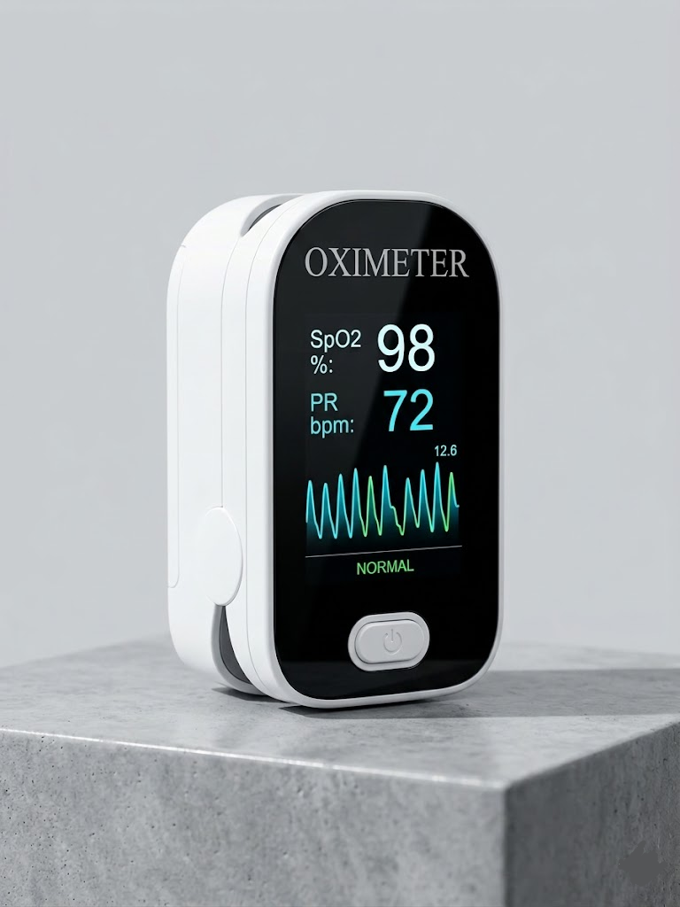 Digital pulse oximeter for home use. Measures blood oxygen saturation (SpO2) & pulse rate accurately.