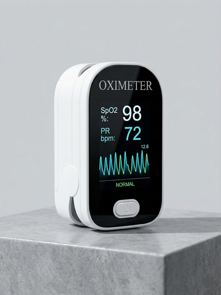 Digital pulse oximeter for home use. Measures blood oxygen saturation (SpO2) & pulse rate accurately.
