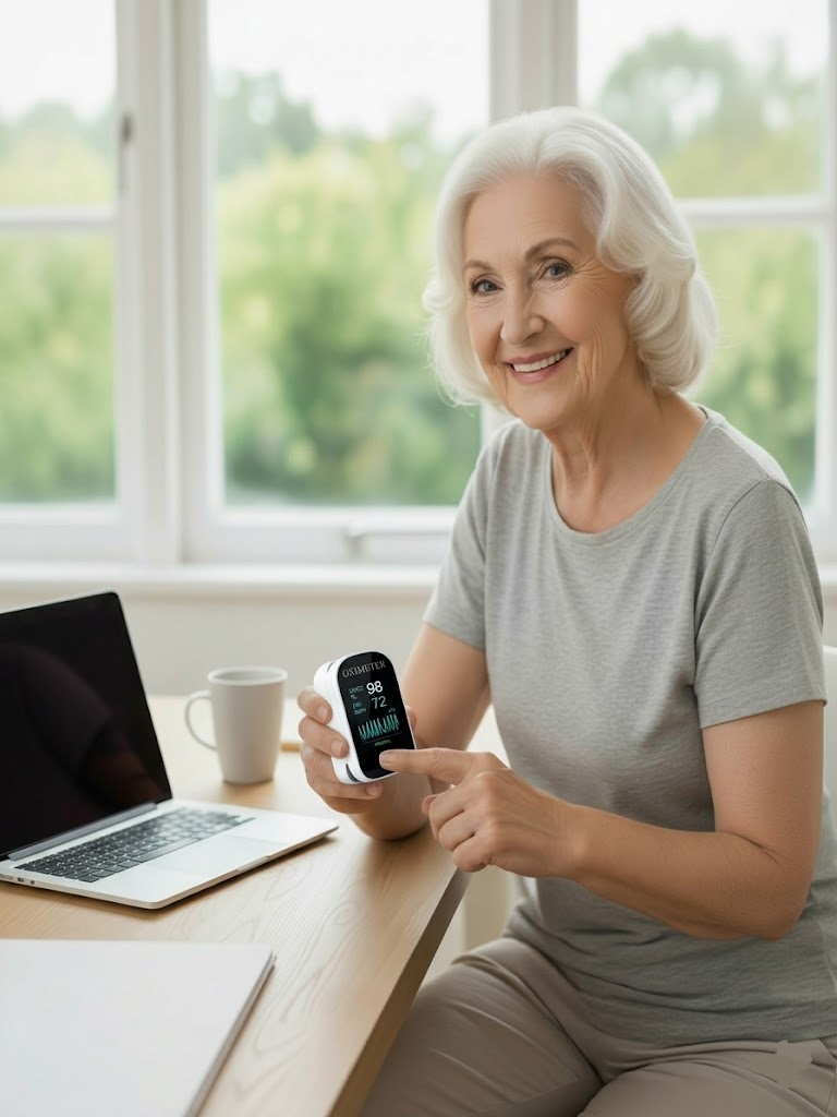 Portable finger pulse oximeter device, perfect for daily wellness & non-invasive home health monitoring.