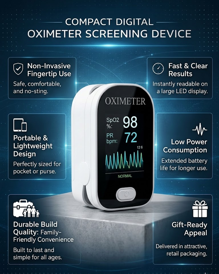 Easy-to-read digital pulse oximeter monitor. Quickly checks SpO2 levels & heart rate for personal care.