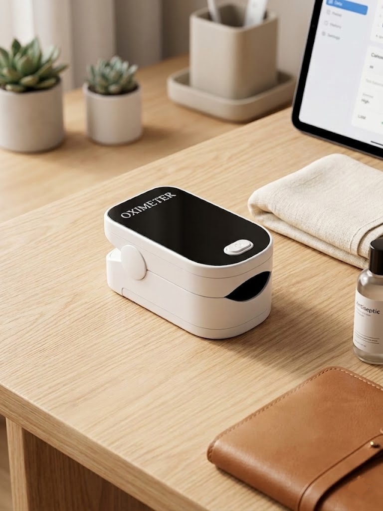 Compact blood oxygen monitor & pulse rate tracker. Essential health device for checking vital signs at home.