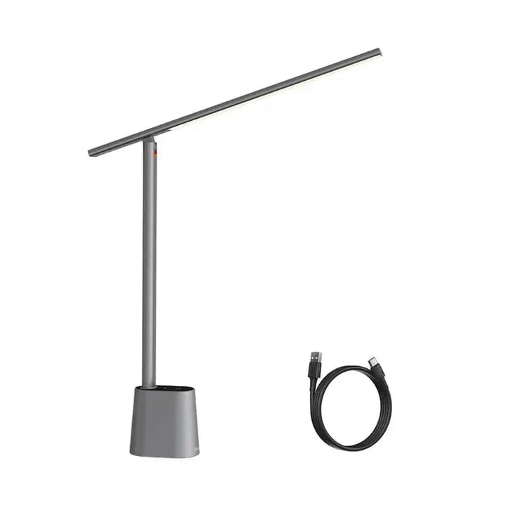 "Dimmable grey and white LED desk lamp with 180° rotation and foldable design for home or office use."