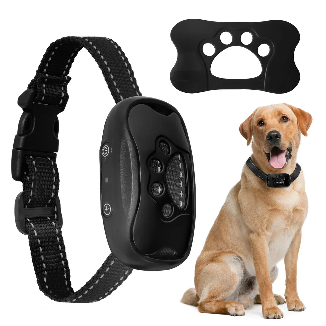 "Dog anti-bark collar with adjustable strap, featuring smart chip, beep, and vibration modes in sleek design, for all dog siz