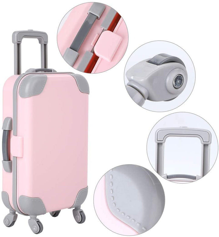 Colorful doll suitcase, an 18-inch accessory for imaginative kids' travel and pretend play.