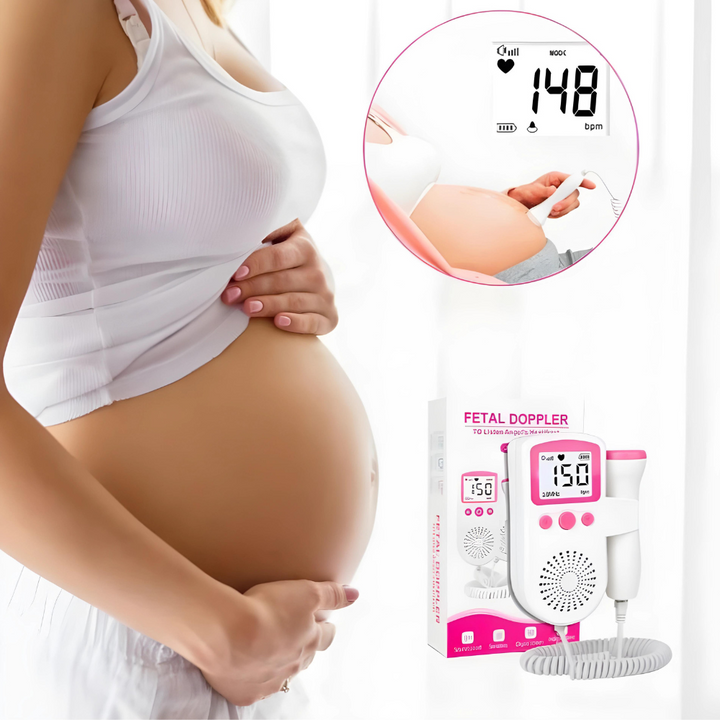 "Doppler heart rate monitor, handheld device for mothers to track baby's heartbeat, compact design, user-friendly controls."