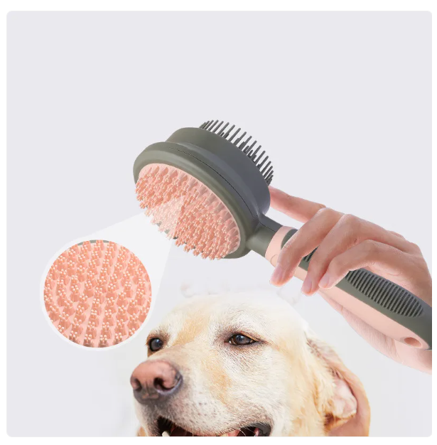 Double-sided cat grooming brush in green with soft, gentle bristles for long and medium fur; ergonomic handle for easy pet care.