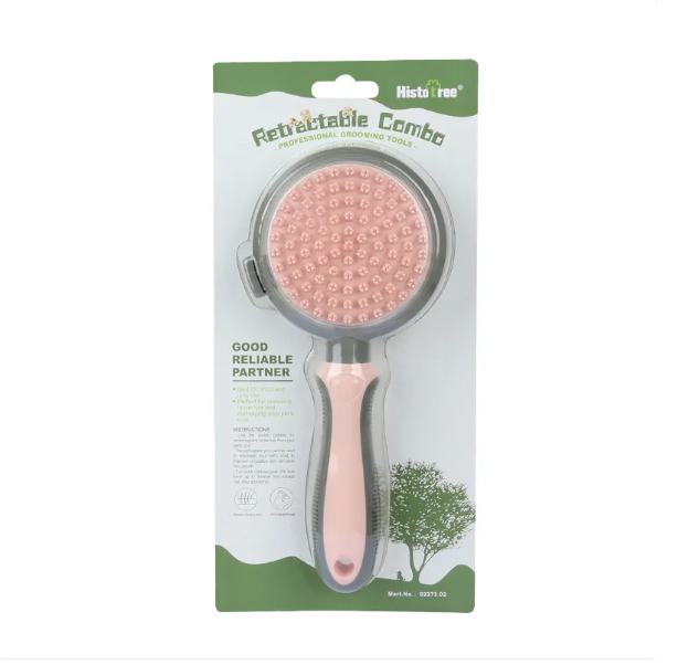 Side view of the double-sided cat grooming brush, highlighting its ergonomic design.