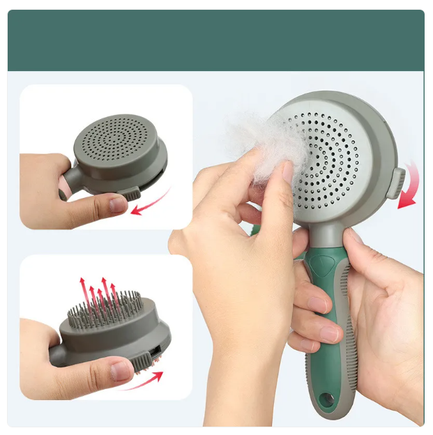 Lifestyle image of a person comfortably grooming their cat with the double-sided brush.