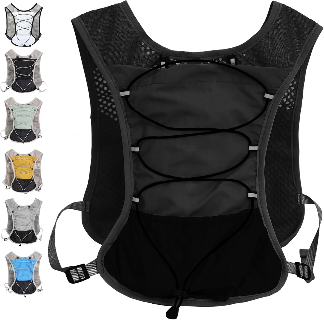 Outdoor vest with 2L hydration bladder, unisex, lightweight, great for trail running.