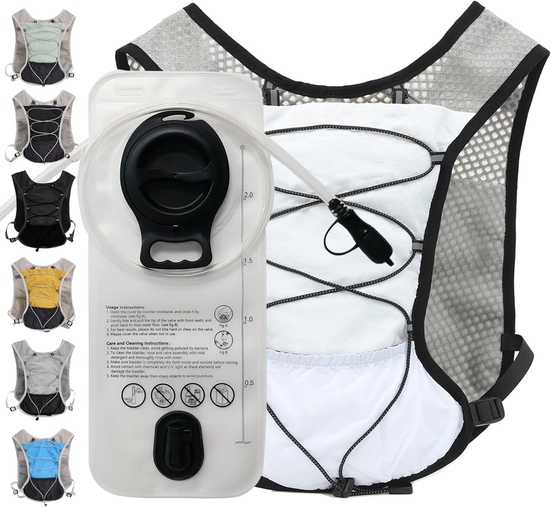 Cycling hydration pack, lightweight with 2L water bladder, adjustable fit for comfort.