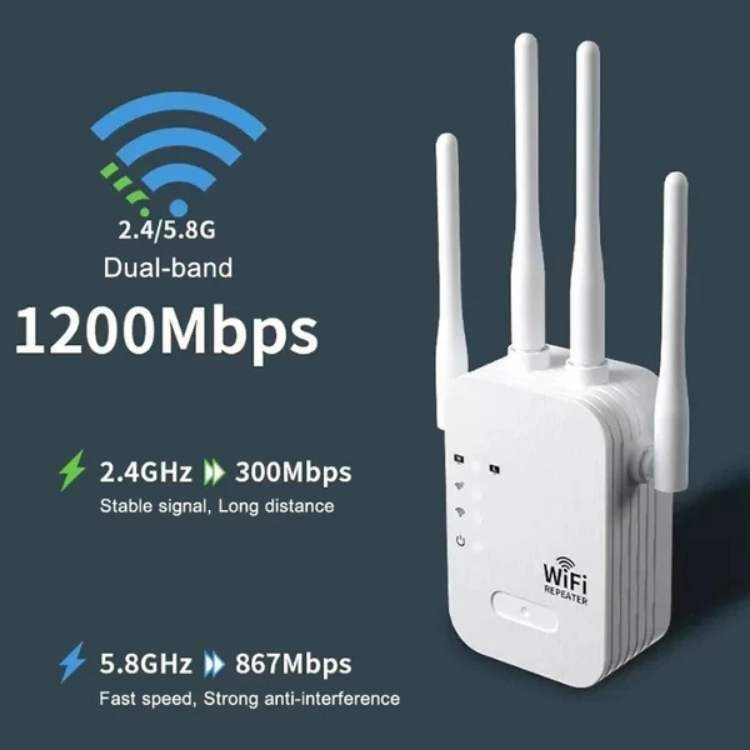 "Dual-Band Long-Range Outdoor WiFi Booster 1200Mbps extends coverage, weather-resistant, sleek design; enhances connectivity.