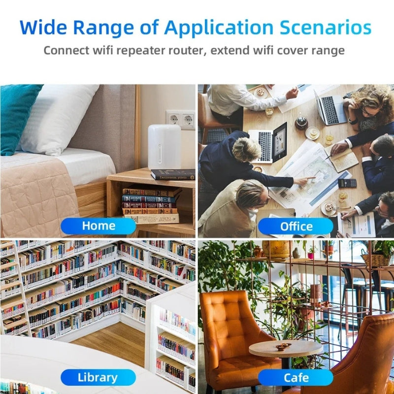Dual-Band WiFi Range Booster, sleek design, enhances connectivity outdoors, ideal for offices with dual antennas and LED indi
