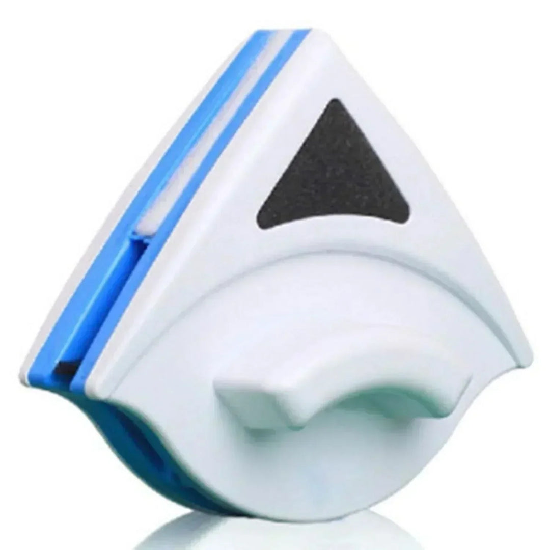 "Dual-sided magnetic window cleaner, blue and white with ergonomic grip, designed for streak-free glass cleaning, indoors and