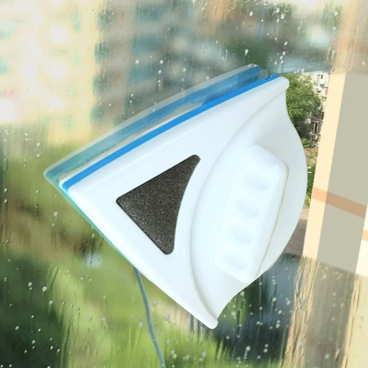 "Dual-sided magnetic window cleaner, blue and white with ergonomic grip, designed for streak-free glass cleaning, indoors and