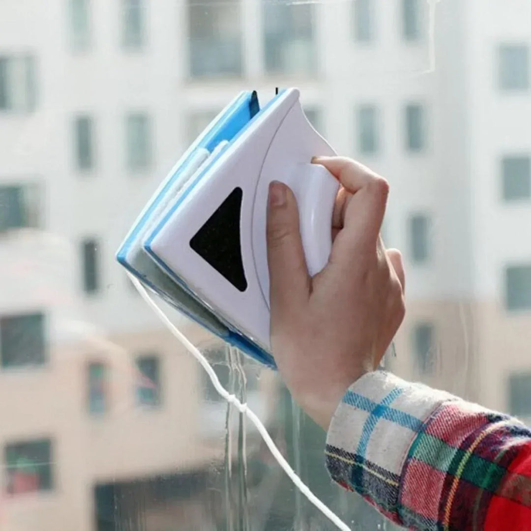 "Dual-sided magnetic window cleaner, blue and white with ergonomic grip, designed for streak-free glass cleaning, indoors and