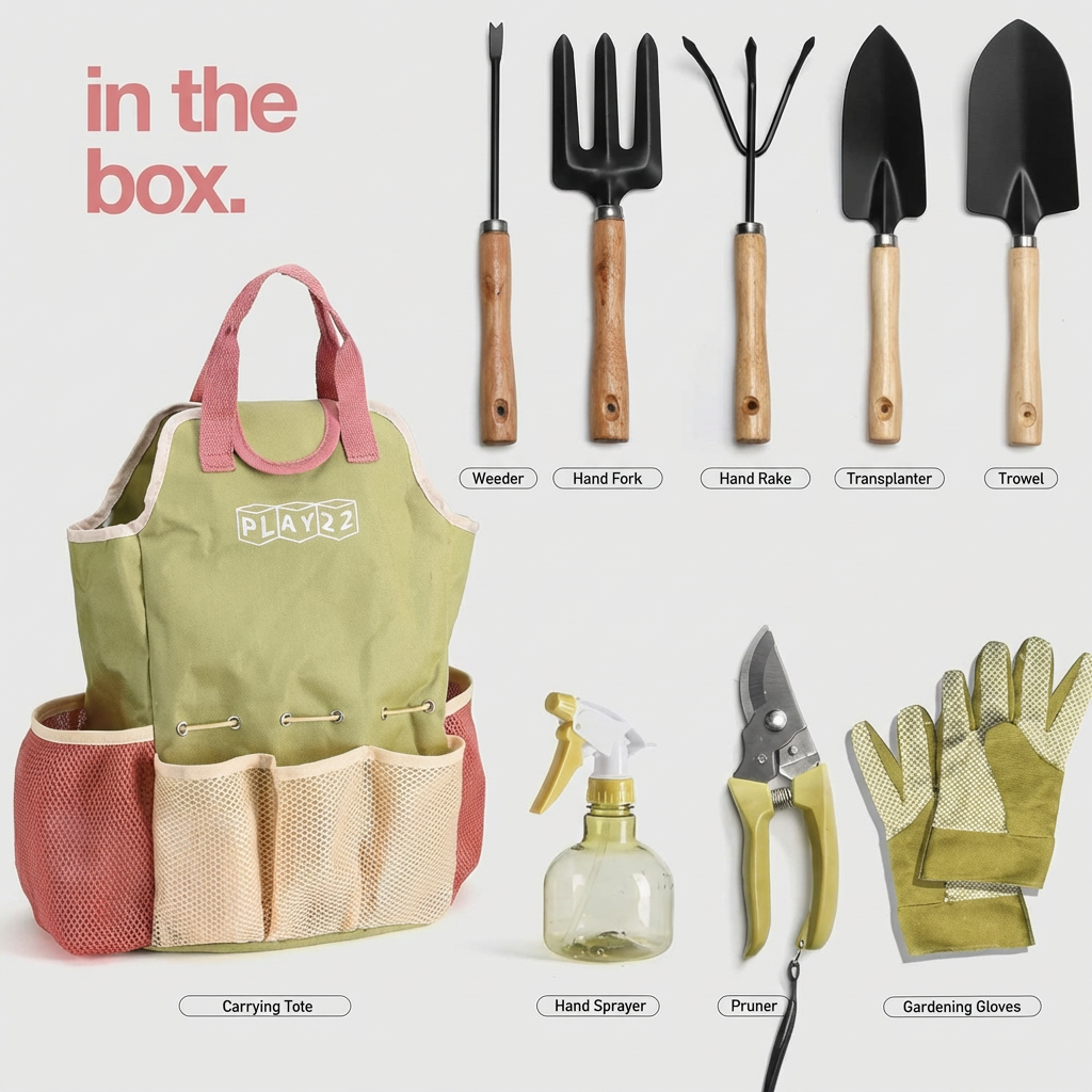 Complete gardening set with durable hand tools for all outdoor plant care: weeding, planting, pruning & soil work. Home garden.