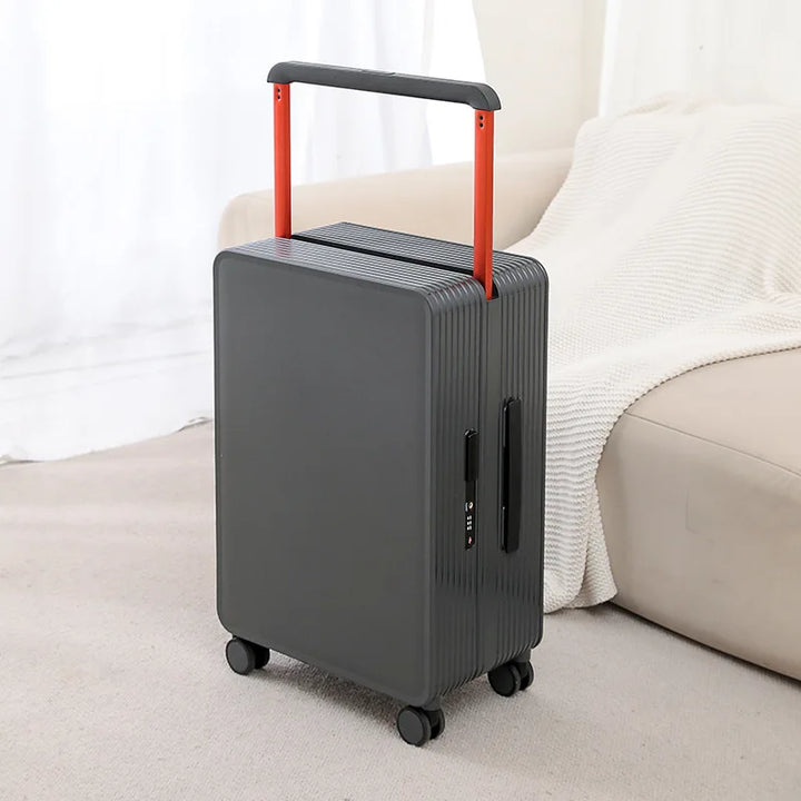 Modern Dublin hard shell spinner suitcase; durable travel luggage with robust PP material and TSA security.