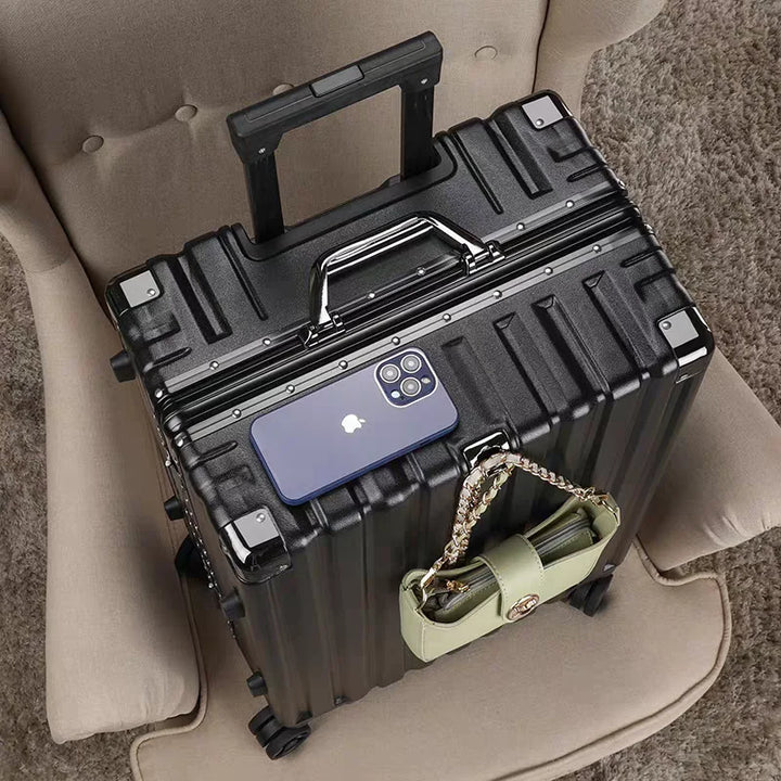 Lightweight hard shell rolling luggage with aluminum frame & smooth spinner wheels.