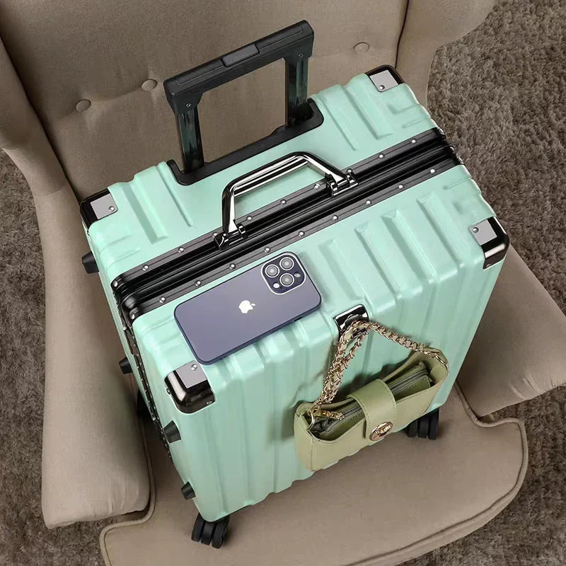 High-quality hard shell luggage with durable aluminum frame and multi-directional spinner wheels.