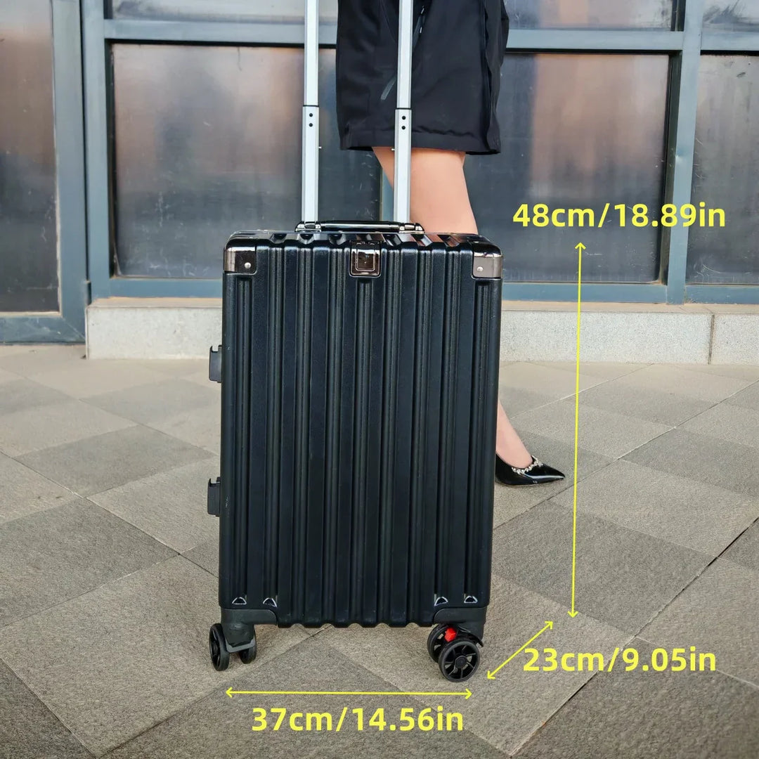 Smooth-rolling hard shell spinner suitcase with an aluminum frame & multi-directional wheels.