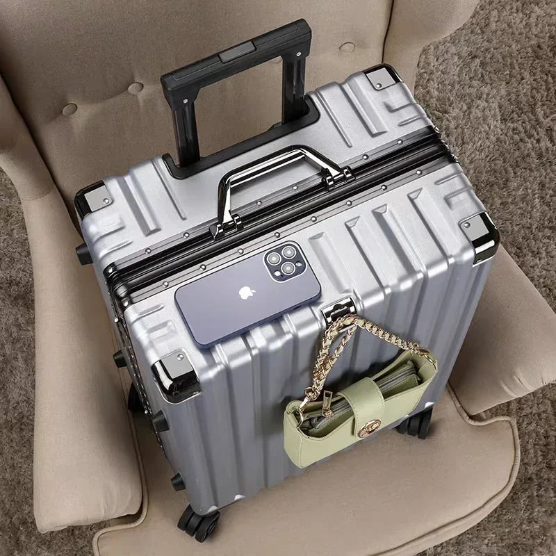 Versatile hard shell suitcase with aluminum frame for carry-on or checked travel.