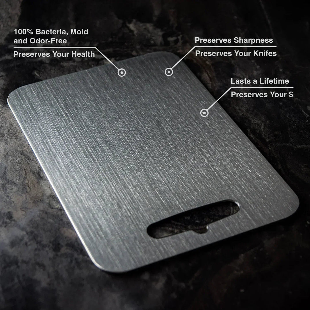Scratch resistant titanium cutting board for kitchen. Durable & BPA-free for safe, healthy food prep.