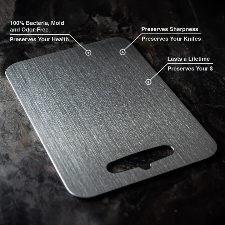 Scratch resistant titanium cutting board for kitchen. Durable & BPA-free for safe, healthy food prep.
