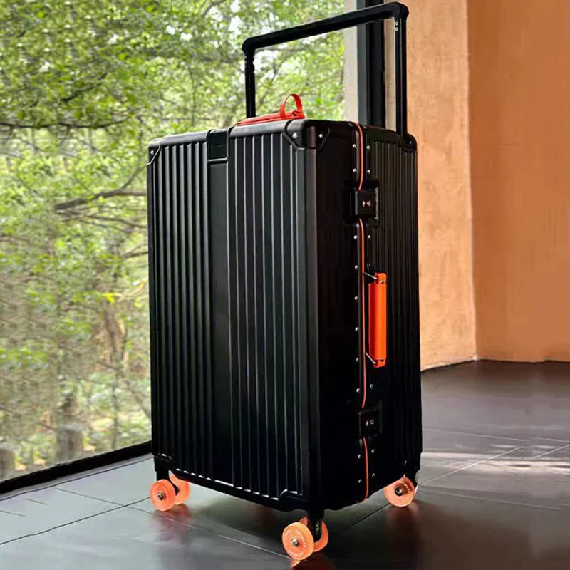 Modern unisex hard-shell suitcase with 360° spinner wheels, ideal for effortless and secure travel.