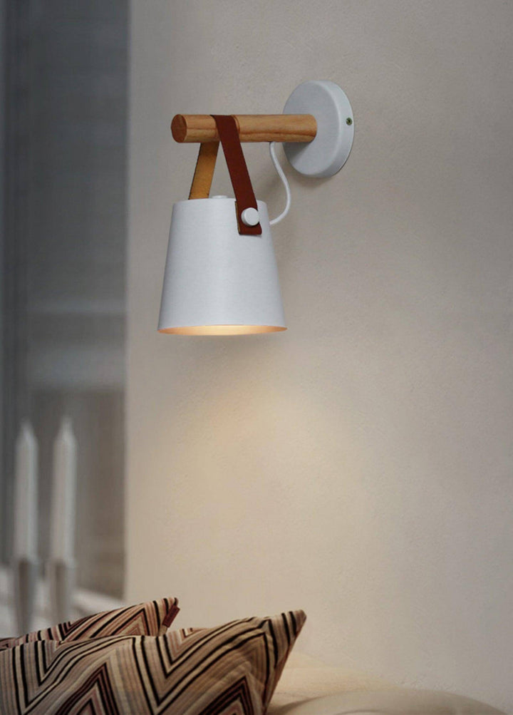 Conical Wooden Wall Light with Leather Strap