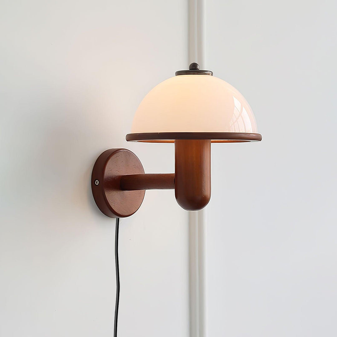 Oak Wood Mushroom Wall Light with White Shade