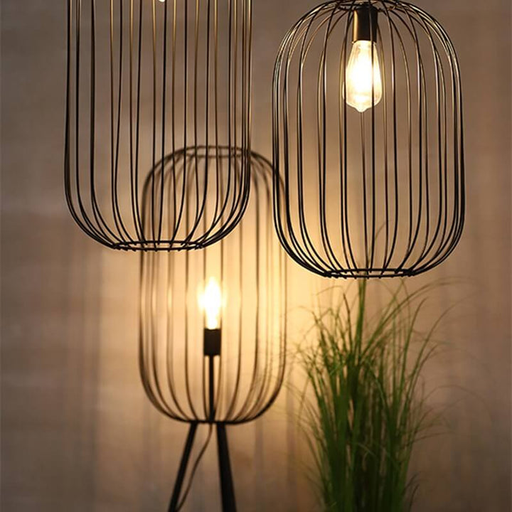 Striped Cage Floor Lamp, Metal Rattan Accent Lamp