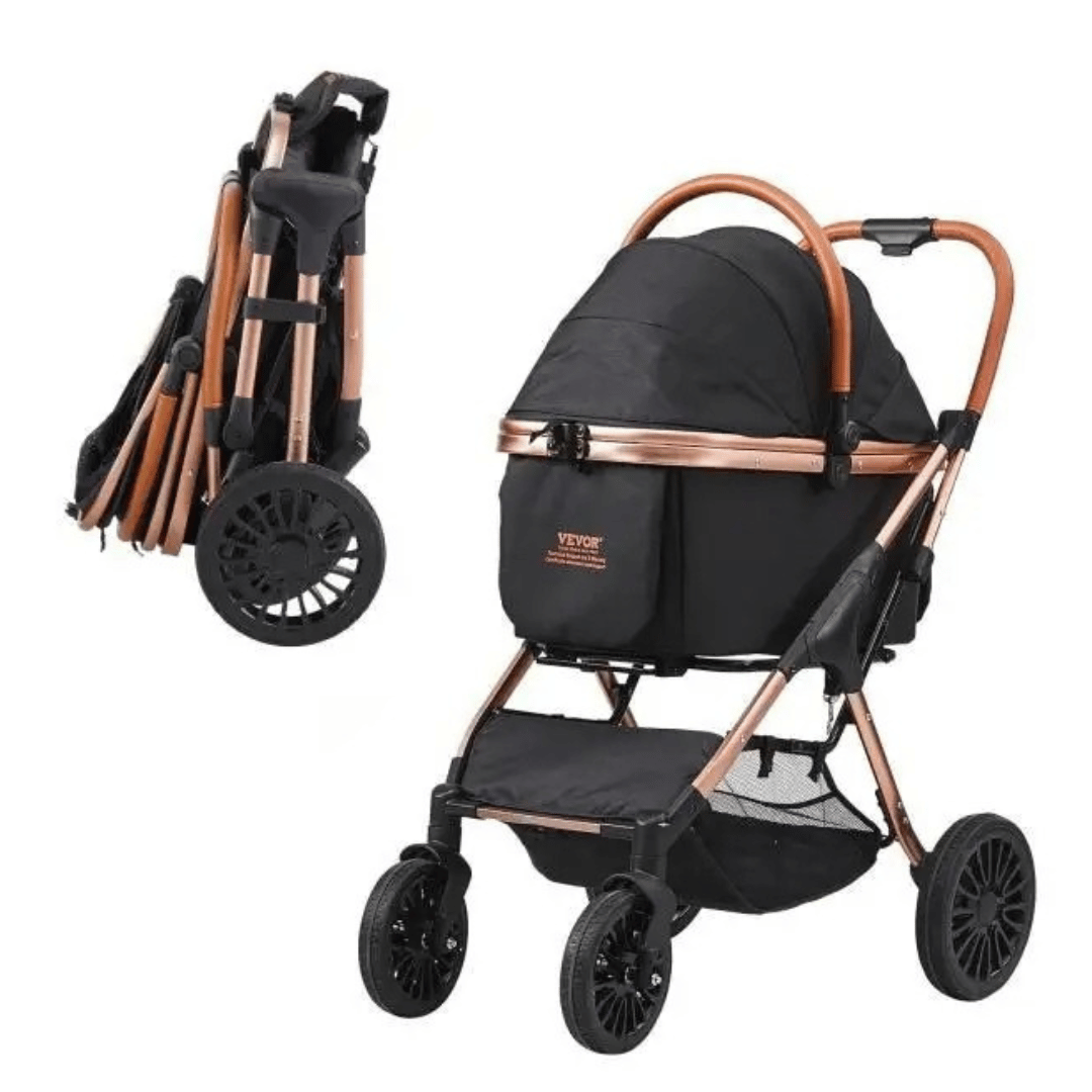 Easy-Fold dog stroller with detachable basket, breathable mesh panels, and rear wheel brakes for small dogs.