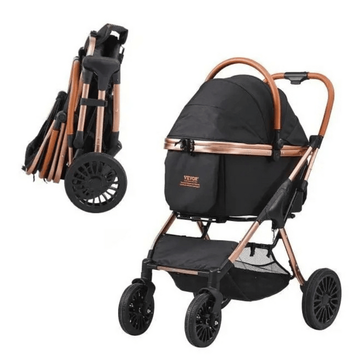 Easy-Fold dog stroller with detachable basket, breathable mesh panels, and rear wheel brakes for small dogs.